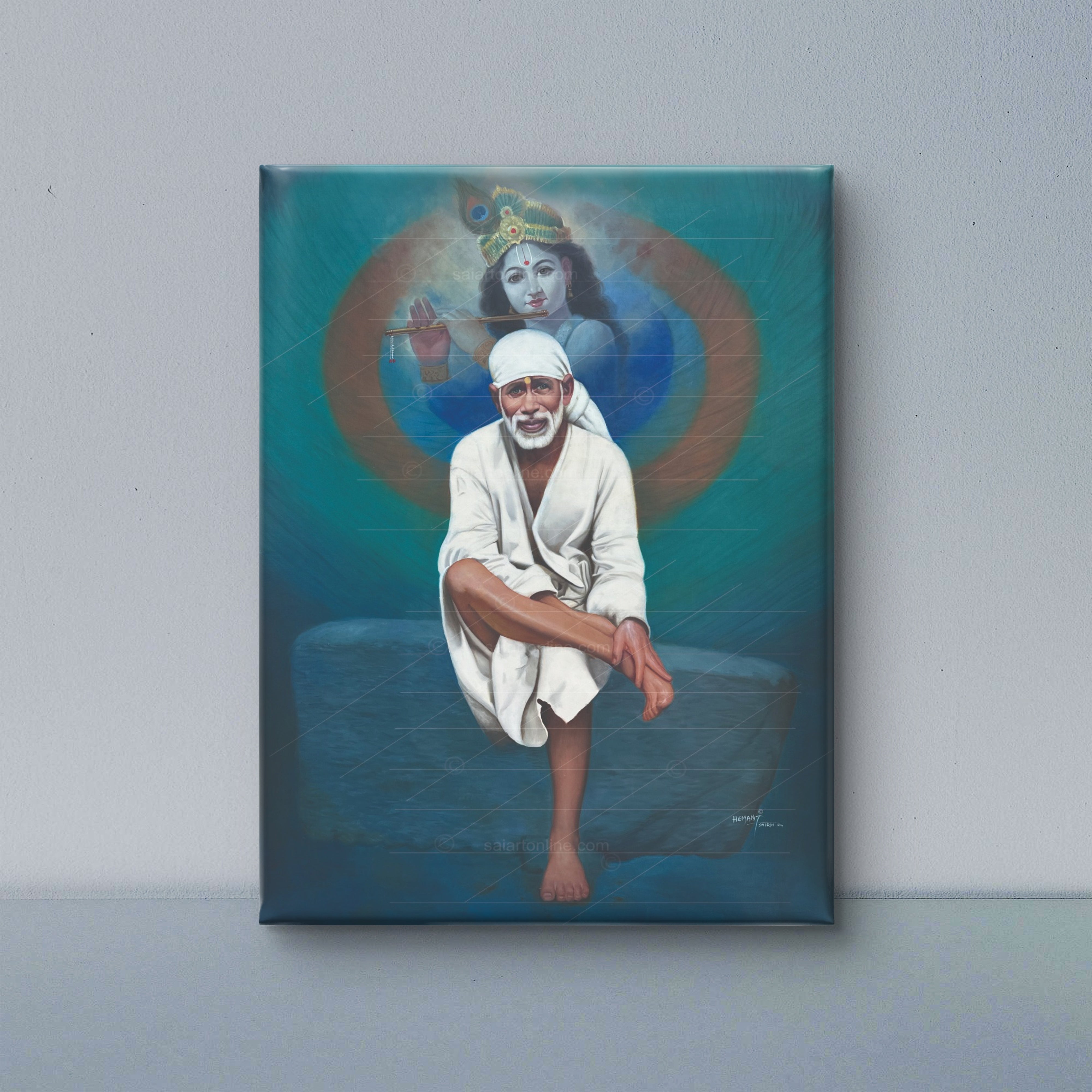 Shirdi Sai Baba Photo Sitting On Stone Hand Painting Canvas Reprint Wall Art Decor photo, Picture/Poster